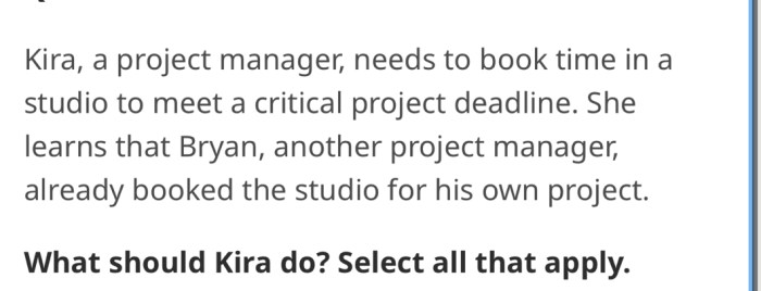 Kira a project manager needs to book