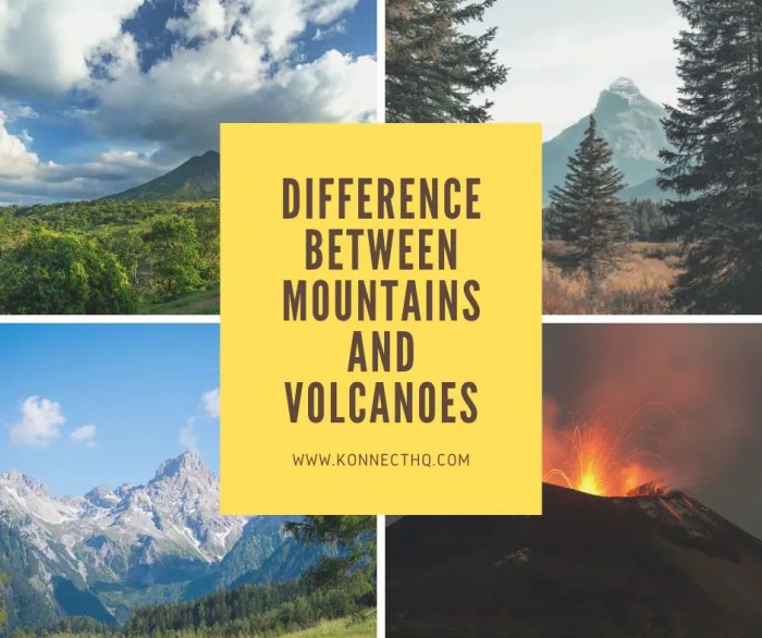 Compare and contrast mountains and volcanoes